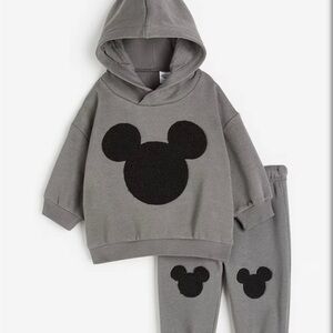 EUC H&M Gray Hoodie and Pants Set with Black Mouse Design